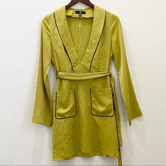 Missguided Mustard Lime Long Sleeves Plunge Dress Size 4 - Picture 5 of 16